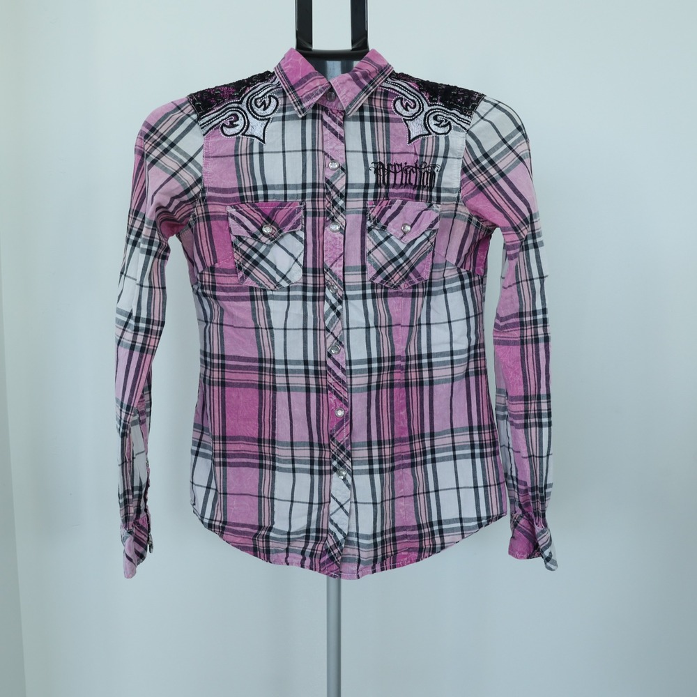 Affliction Black Premium Plaid Western Shirt Rhinestone Lace Womens XS Pink‎